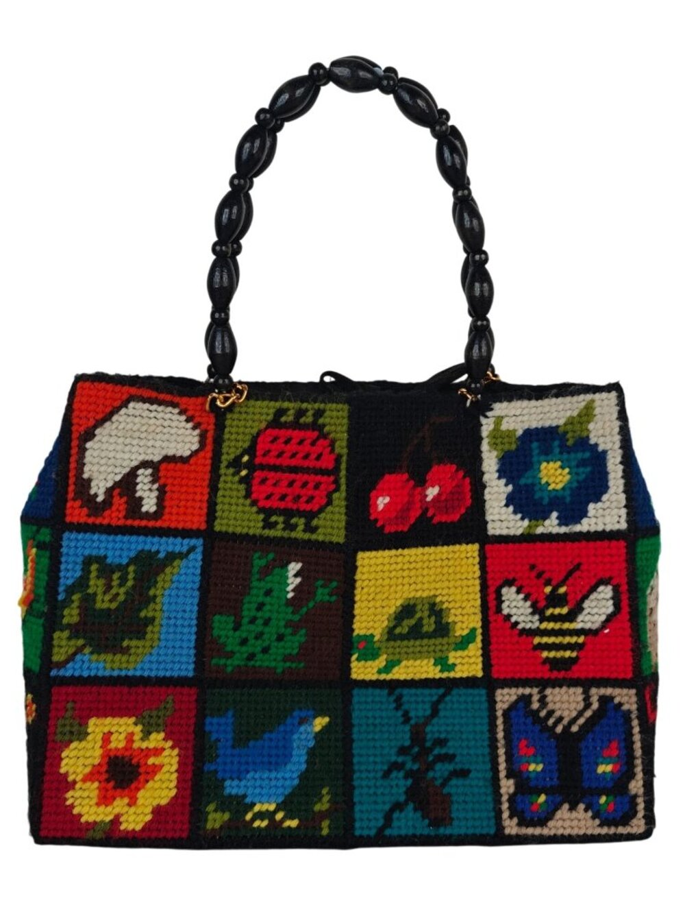 Vintage Handbag Crochet Multicolor Patchwork Beads Handle 1970s Handmade Art